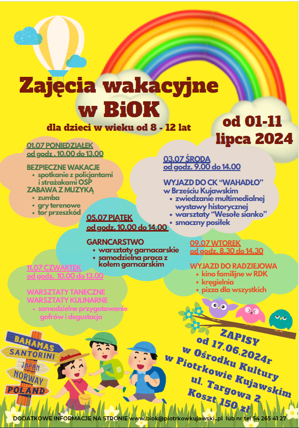 Zajęcia wakacyjne w BiOK dla dzieci w wielku od 8 - 12 lat ( od 01-11 lipca 2024 )